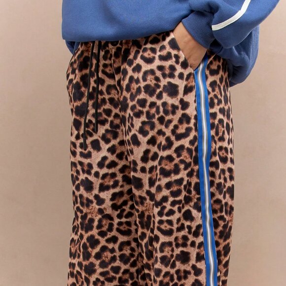 Multicolor Women's Leopard Print Side Stripe Wide Leg Pants With Drawstrings Wea - Picture 3 of 4